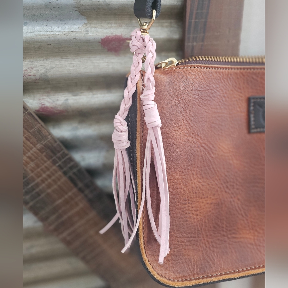 PINK Braided Genuine Leather Bag Charm * Double Tassel * Wrap Around for Purse